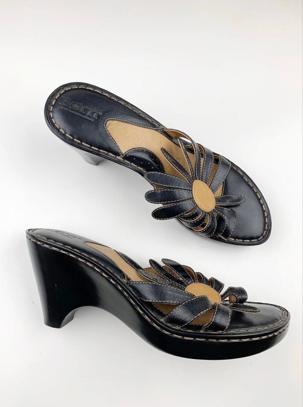 Born Floral Slide Sandals Wedge Heel Brown Leather Flower Boho Shoes Women's 8